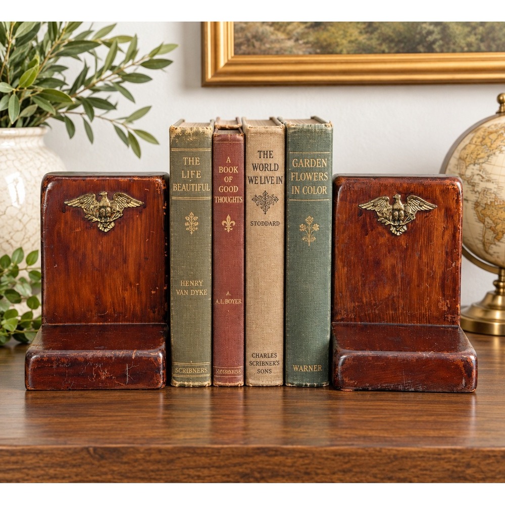 Vintage Wood Eagle Bookends Set Dark Brown Brass Metal Federal Style Americana